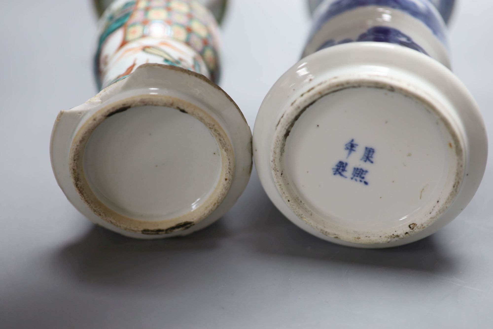 A Chinese blue and white beaker vase, together with a similar famille verte beaker vase, both c.1900, tallest 25.5cm